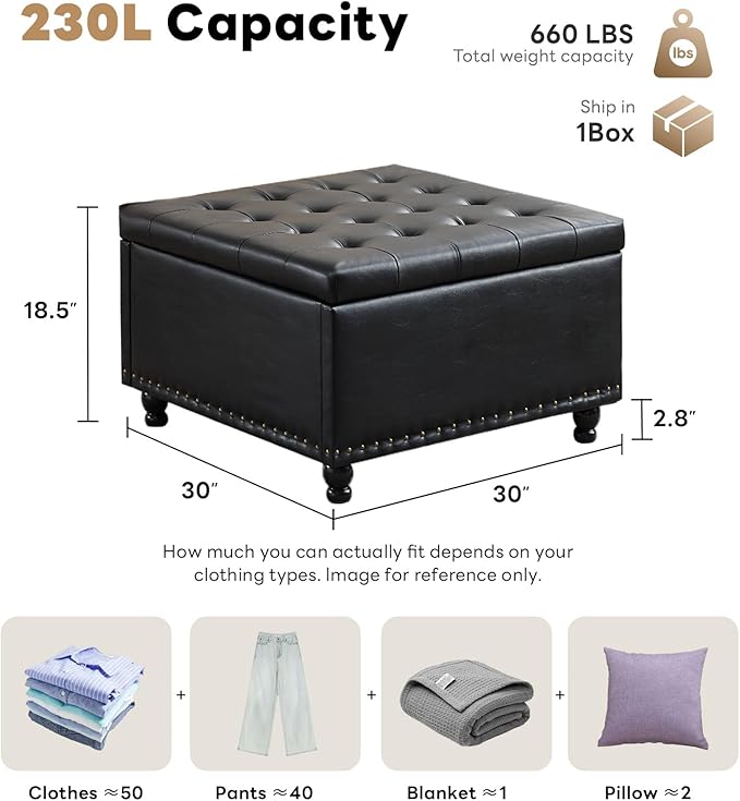 Tbfit Large Square Storage Ottoman Bench, Button Tufted Coffee Table, Oversized Storage Ottomans Toy Box Footrest for Living Room, Black