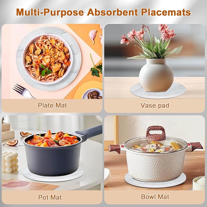 3-Pcs 7'' Ceramic Marble Style Trivet with Holder, Absorbent Trivets for Hot Dishes, Cork Bottom Anti-Slip Trivet Mats for Hot Pots and Pans