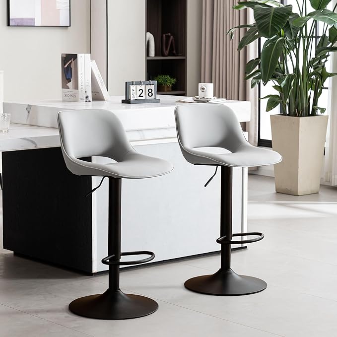YOUNIKE Bar Stools Set of 2 Modern Swivel Barstools, Adjustable Counter Height Bar Stools Faux Leather Upholstered Counter Stools with Hollow Back for Kitchen Island, Grey