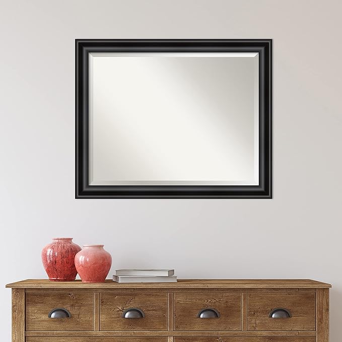 Amanti Art Black Bathroom Mirror for Over Sink, 26x32 Grand Black Narrow Rectangle Vanity Mirror, Large Casual Frame, Hangs Horizonally and Vertically, Bathroom Wall Decor, Beveled Edge