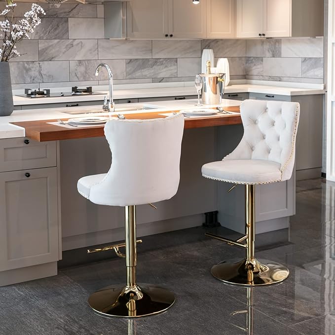 PacknWood Acosure Golden Swivel Velvet Barstools Adjusatble Seat Height from 25-33" with Comfortable Tufted,Modern Upholstered Chrome Base Bar Chairs,for Home Pub Kitchen,Beige,Set of 2