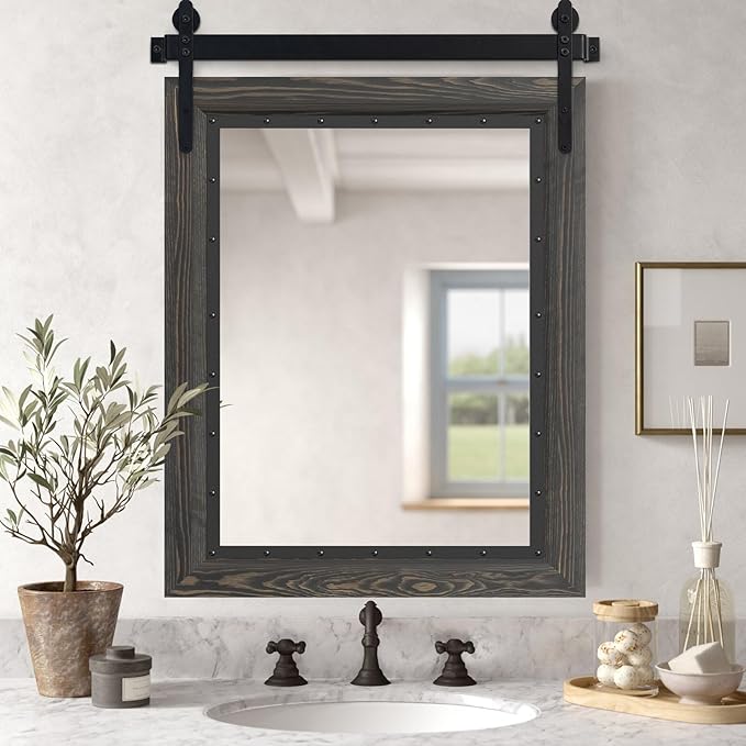 YOSHOOT Farmhouse Barn Door Mirror, 40"x30" Rustic Bathroom Mirror, Wood Frame Wall Mirror, Wooden Mirror for Living Room Bedroom Entryway Wall Décor, Vertical Hanging ONLY