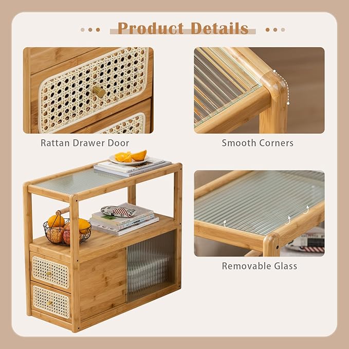 Bamboo Side Table Nightstand with Rattan Drawer & Glass Top – Multi-Function End Table, Nightstands with Storage for Bedroom, Living Room, and Small Spaces, Nature