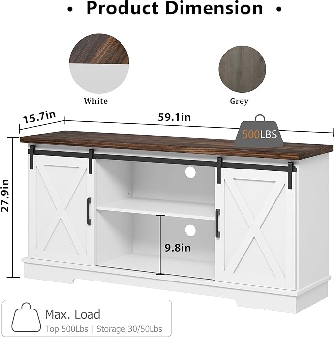 CABIHOME Farmhouse Tv Stand for 65 Inches TVs, Entertainment Center with Storage and Sliding Barn Doors, Adjustable Shelf Modern Media TV Console TV Stand Table for Living Room, Bedroom, White
