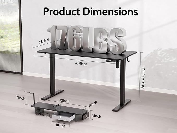 48x24 Inches Electric Standing Desk With Drawer and Monitor Stand, Height Adjustable for Home Office, Ergonomic Sit to Stand With Phone Holder, 3 Hooks, Black