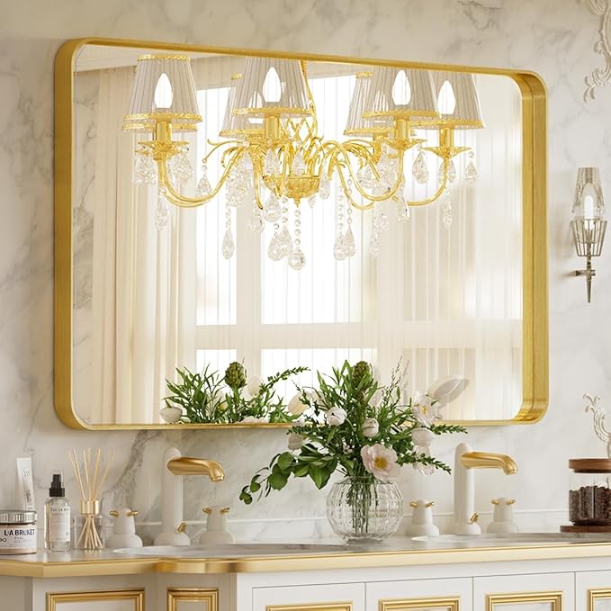 Bathroom Mirror 24x32 inch, Gold Gorgeous Deep Frame Wall Mirror, Modern Round Corner Bathroom Vanity Mirror for Bedroom, Living Room, Hanging or Leaning Horizontal or Vertical, Gold