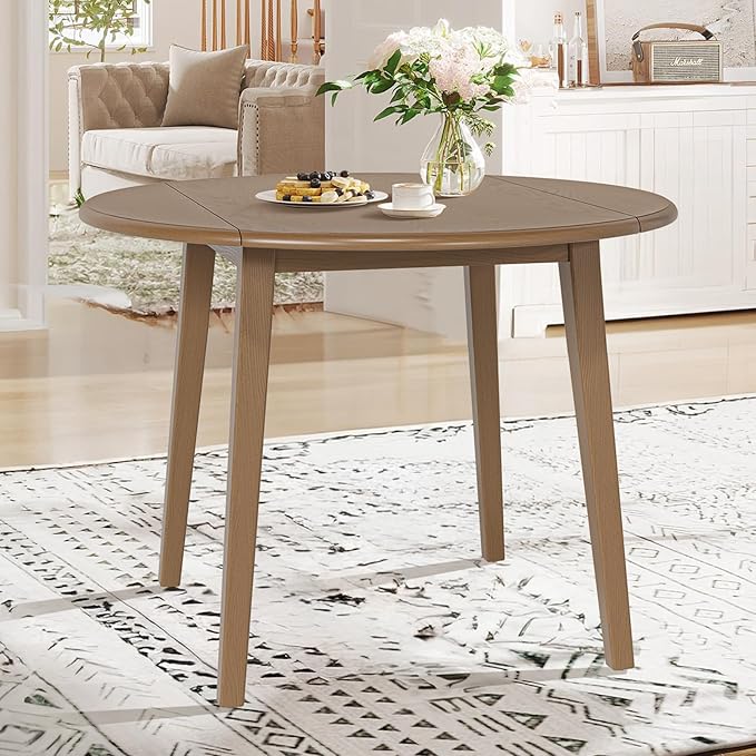 COLAMY 3-Piece Extendable Dining Table Set for 2, 36" Kitchen Round Wood Table with 2 Nailhead Dining Room Chairs,Light Brown/Boho