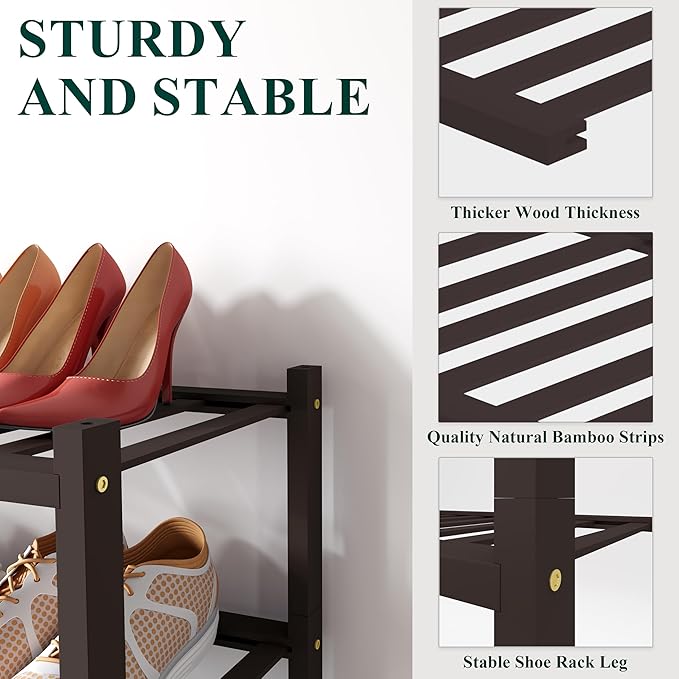 Smiry Shoe Rack, 4 Tier Long Bamboo Shoe Organizer, Stackable Free Standing Wooden Shoe Storage Shelf for Closet, Entryway, Front Door Entrance, Brown