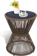 LEWIS&WAYNE Small Outdoor Side Table Patio 20’’ H Woven Rope Hourglass End Table with Glass Top Round Coffee Table for Living Room Outdoor Patio Backyard Poolside (Brown)