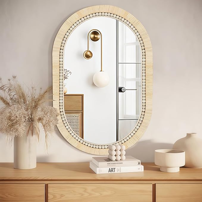 ULIKE Rattan Mirror for Bathroom, 20x30 Inch Oval Rustic Farmhouse Wall Decor with Handmade Wicker Frame, Boho Mirror for Nursery Bedroom Living Room Entryway