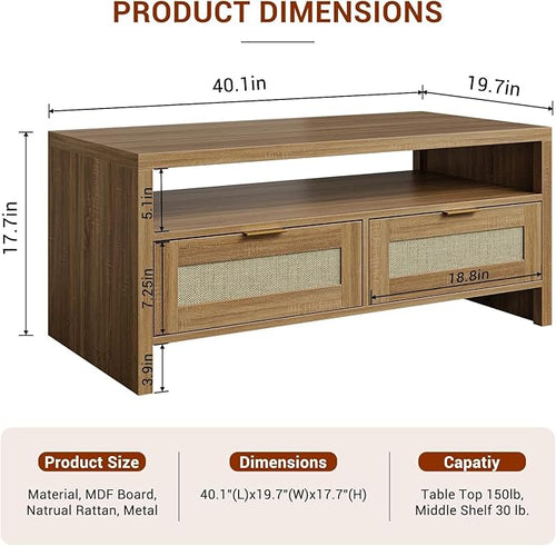 2 Tiers Boho Coffee Table with Storage,40” Mid Century Rattan Console Table with Drawers and Open Shelf, Wooden Center Coffee Table for Living Room/Apartment/Farmhouse/Bedroom/Small Place(Oak)