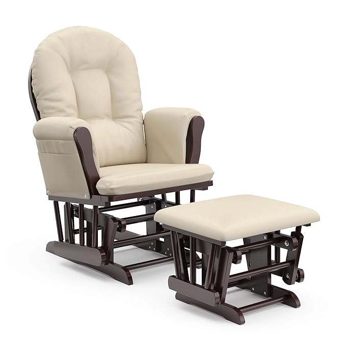 Storkcraft Premium Hoop Glider & Ottoman (Espresso with Beige) — GREENGUARD Gold Certified, Solid Wood Craftsmanship, Convenient Storage Pockets, Smooth-Gliding Chair for Nursery, Multi-Award-Winning