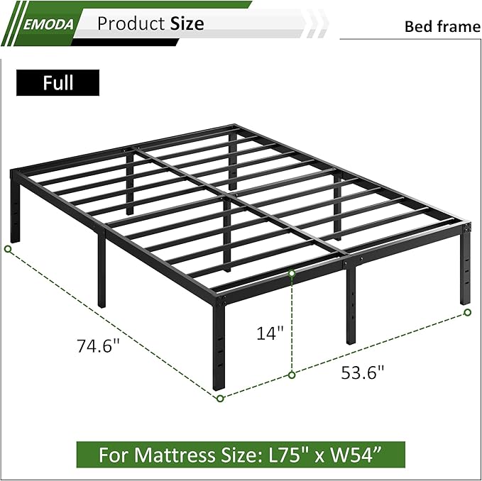EMODA 14 Inch Full Size Bed Frame Heavy Duty Metal Platform No Box Spring Needed, Easy Assembly Noise Free, Black