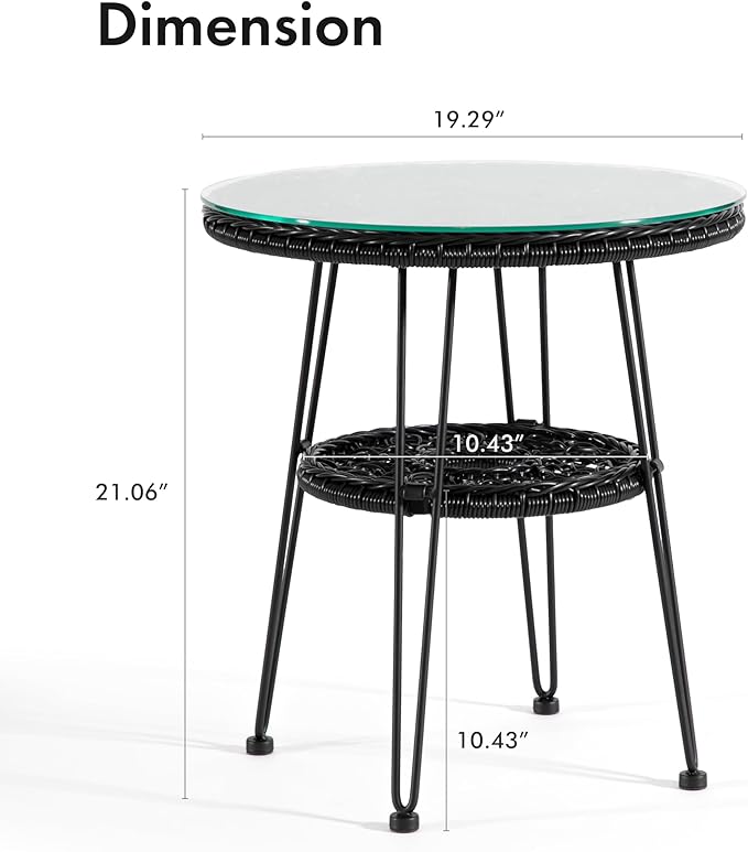 Muse & Lounge Co. Ysar Boho 19-inch Round Coffee Table Outdoor with Tempered Glass Top and Metal Frame, Handcrafted Coastal Furniture for Patio, Poolside, Garden, Yard, Black