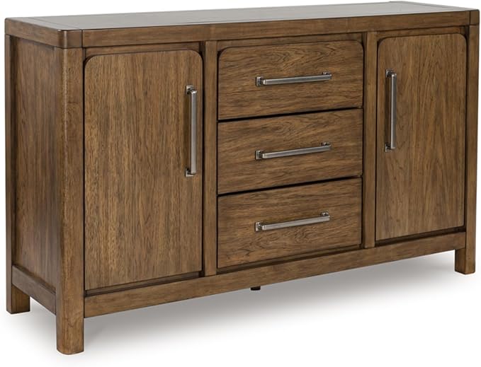 Signature Design by Ashley Cabalynn Farmhouse Glazed 2-Door Dining Server with Adjustable Shelves and 3 Drawers, Light Brown