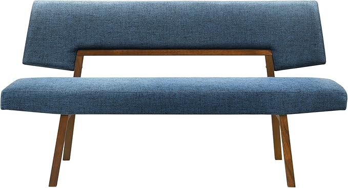 Armen Living Channell Mid Century Modern 5 Piece Walnut Wood Dining Table Set with Benches in Blue Fabric