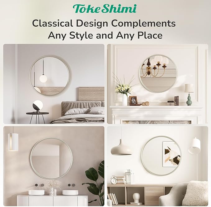 TokeShimi 24 Inch Circle Bathroom Mirror Brushed Nickel, Tempered Round Wall Mirror, Shatterproof 24x24 Hanging Wall Mirrored Farmhouse for Bedroom, Entryway, Restroom, Vanity, Living Room