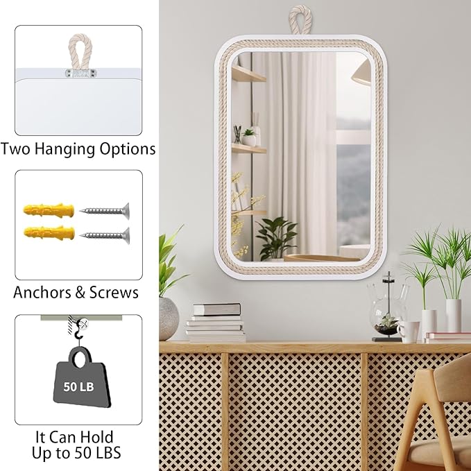 Nautical Rope Mirror Rectangular Hanging Mirrors for Wall 22''Lx16''W White Decorative Mirror Farmhouse Mirror with Rope for Bathroom,Livingroom,Entryway-Beachy Coastal Wall Decor