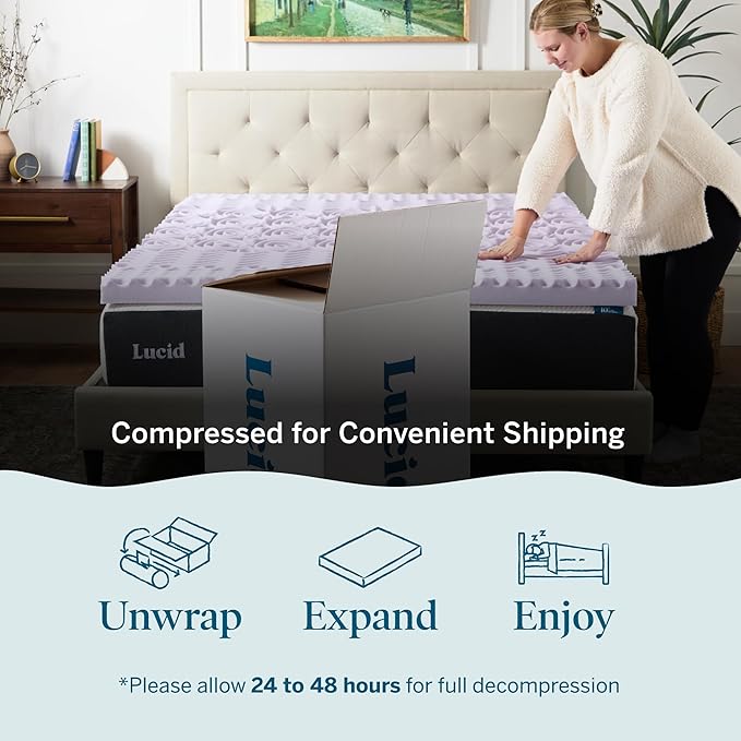 Lucid Lavender Infused 3 Inch Memory Foam Mattress Topper - California King Size - Plush Feel - 5 Convoluted Zones - CertiPUR Certified - New Home Owner & Dorm Room Essentials