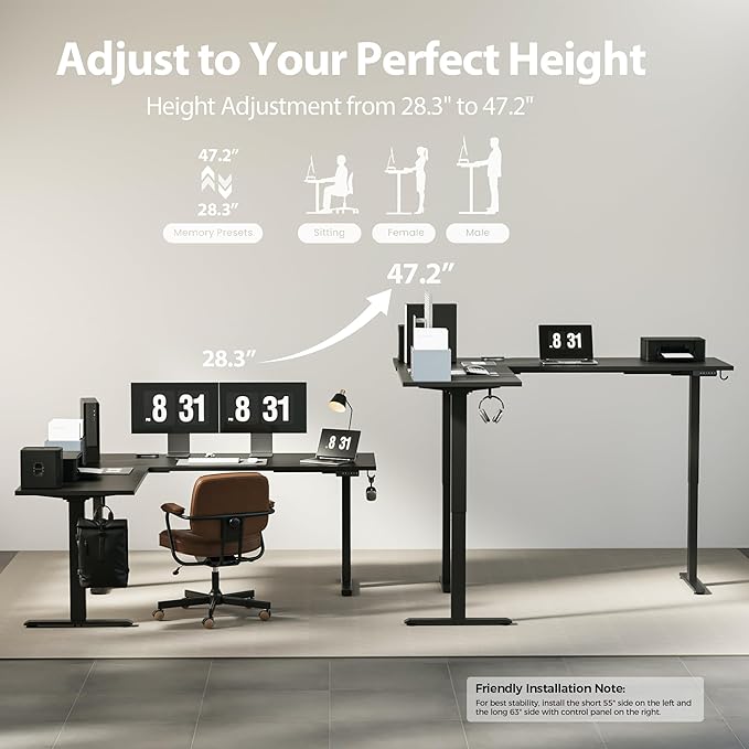 Agilestic Triple Motors 73" x 60" L Shaped Standing Desk, Electric Standing Desk Adjustable Height, Extra Large Desktop Corner Table for Home Office, Gaming Workstation, Splice Board, Black