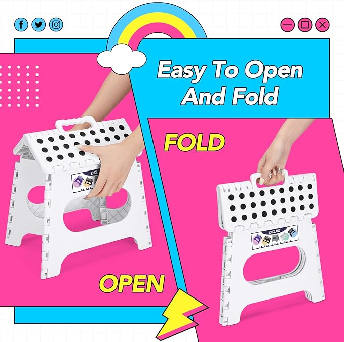 Delxo Folding Step Stool,11 Inch Non-Slip Foldable Step Stools,Portable Foldable Step Stool Lightweight Small Folding Stool with Handle for Kitchen Bathroom in White,1 Pack