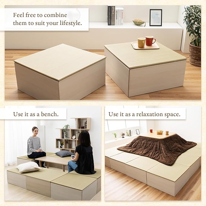 BJDesign Square Tatami Bench and Raised Platform Unit | Japanese Style Igusa Rush Grass Top | Wood Grain White, 24x24x11.6in | Easy Assembly, Durable | 1 Set