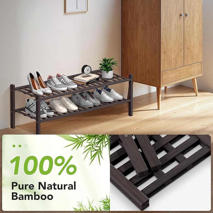 Haddockway Long 2 Tier Bamboo Shoe Rack Storage Organizer, Multifunctional Free Standing Stackable Shoe Shelf with Grid Panel for Closet,Hallway,Entryway,Small Space 34.2"x11"x13"(Brown, 2-Tier(Long))
