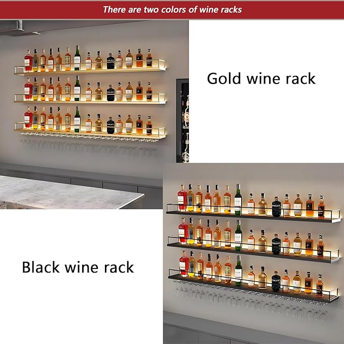 78.7in Wall-Mounted Metal Wine Rack with LED Lights 3-Tier Floating Bar Shelves with Wine Glass Rack Large Wine Bottle Display Rack Hanging Shelf, for Home Bar Decorative (Gold, 200cm/78.7in)