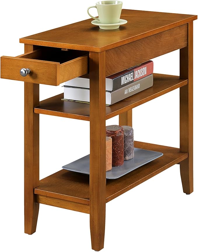 Convenience Concepts American Heritage Chairside End Table with Drawer 23.5" - Classic Living Room Table with Storage Shelf, Bedroom Nightstand, Light Walnut
