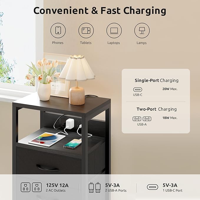NightStand Bedside Charging Table Bedroom - Night Stand with Charger Station, Modern Nightstand with Open Shelf & 2 Fabric Drawers, Bed Side Table with USB-C USB Ports & AC Outlets for Dorm, Black