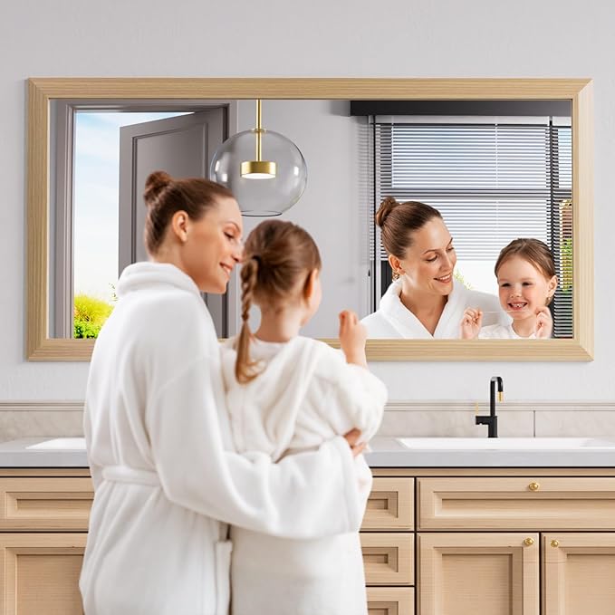 Amorho 60 X30 Inch Bathroom Mirror for Wall, Oak Wood Grain Metal Framed Mirror, Anti-Rust, Hang Horizontally/Vertically, Suitable for Bedroom, Farmhouse, Bathroom, Decorative