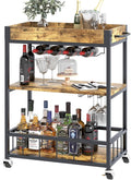 Bar Cart Serving Wine 3 Tier Home Rolling Rack with Wheels Mobile Kitchen Industrial Vintage Style Wood Metal Serving Trolley Serving Cart,Glass Holder Bar Cabinet