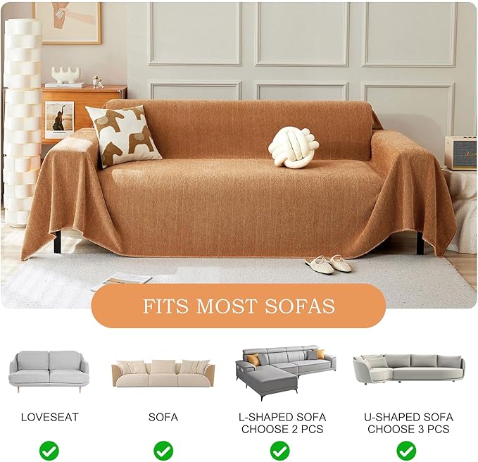 STACYPIK Soft Chenille Orange Sofa Covers, Herringbone Jacquard Pet Protector for 3 Cushion Couch, Loveseat Couch Cover for Sectional, Pumpkin Non-Slip Sofa Slipcover, Multi-Use Throw Blanket-71X134IN