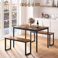 soges 3 PCS Dining Table Set for 4 with 2 Benches, Soho Dining Table and Chairs Set, Industrial Kitchen Table and Chairs Kitchen Breakfast Table Set, Dining Set with Metal Frame, Brown