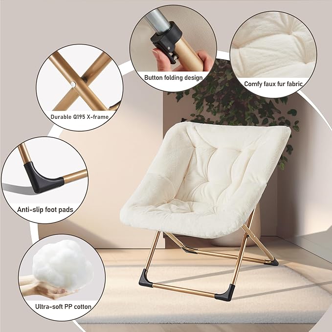 Comfy Oversized Saucer Chair, Soft Faux Fur Reading Lounge Chair for Adults, Stable X-Large Metal Frame and Non-Slip Pad, Foldable Cozy Chairs for Bedroom, Living Room, Dorm, Office, Beige