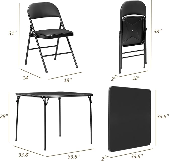 VECELO Folding Card Table and Chair Set of 5 Portable with Padded Tabletop, No Assembly Required, Black