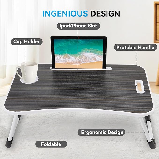 BUYIFY Folding Lap Desk, 23 Inch Portable Wood Black Laptop Bed Desk Lap Desk with Cup Holder, for Working Reading Writing, Eating, Watching Movies for Bed Sofa Couch Floor
