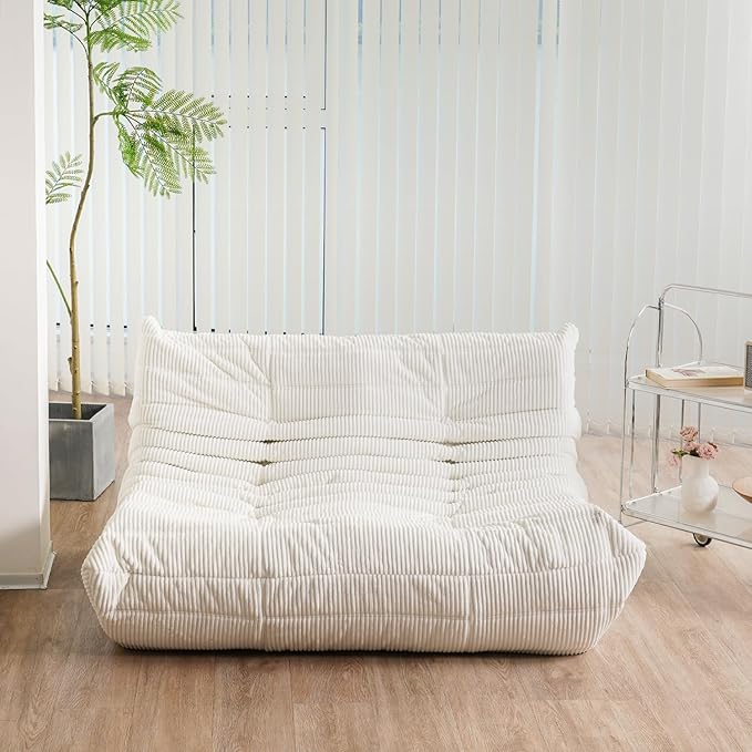 N&V Fireside Loveseat, Mid Century Armless Twin Size Floor Sofa, Soft Premium Corduroy Floor Lounge Chair, Foam Sofa Accent Chair for Living Room Bedroom and Office, Ivory, Full