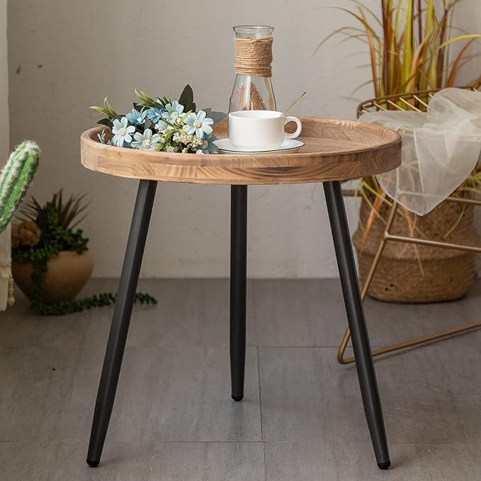 Tiita Round End Table Mental Side Table Nightstand/Small Wood Tables Accent Coffee Table with Wooden Tray for Living Room Bedroom Office Small Space