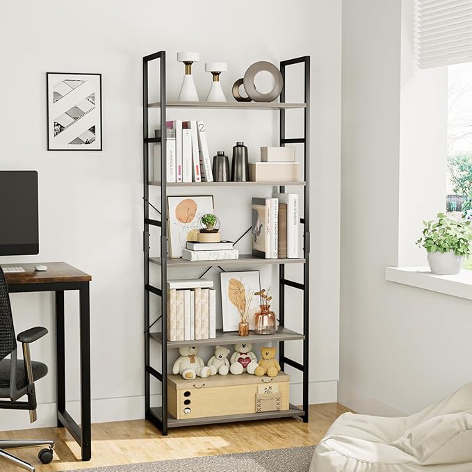 OTK 5 Tier Bookshelf, Tall Bookcase, Office Shelf Storage Organizer, Modern Book Shelf for Living Room, Bedroom, and Home Office, Grey