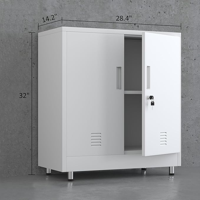 Metal Storage Cabinet with Locking Doors and Adjustable Shelf, Small Lockable Sideboard Buffet Cabinet for Home Office Hallway Entryway Living Dining Room (White)