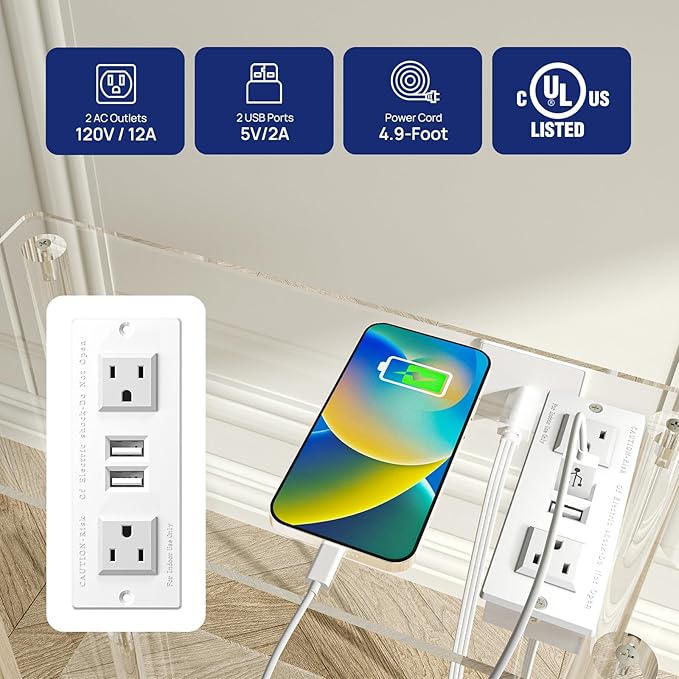 HMYHUM Acrylic Narrow Side Table with Charging Station, 7" Width, 2 Tier Small End Table for Small Spaces, Skinny Nightstand/Bedside Table with USB Ports & Outlet, Clear