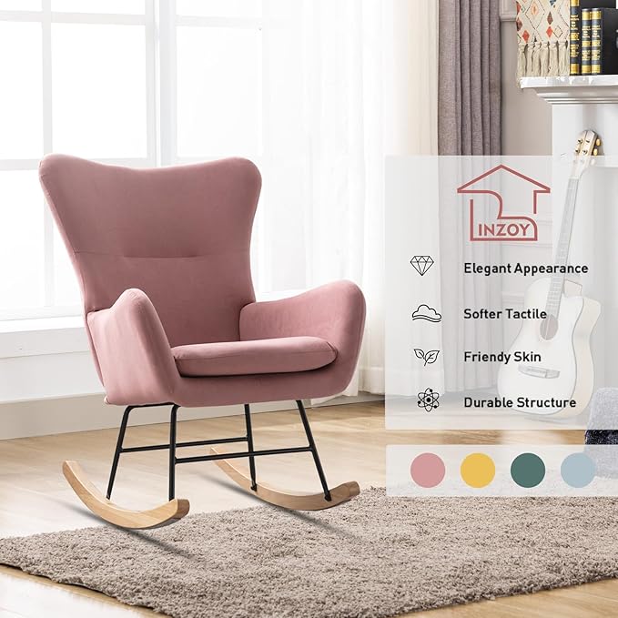 Phoenix Home Rocking Chair Nursery Velvet Upholstered Glider Rocker Rocking Accent Chair Padded Seat with High Backrest Armchair Comfy Side Chair for Living Room Bedroom Offices, Pink