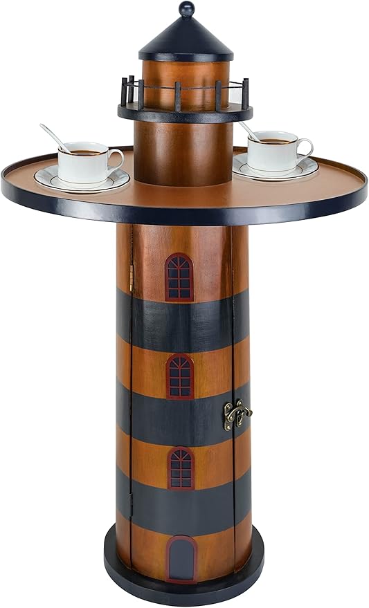 SAILINGSTORY Wooden Lighthouse Nautical Round Coffee Table Beach Coastal End Table Side Table with Storage