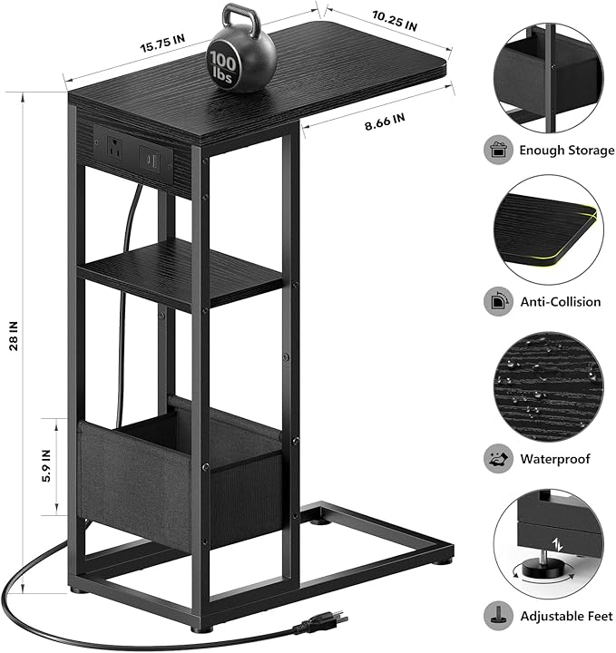 C Shaped End Table with Charging Station, Small Side Table for Couch Recliner, Slide Under Sofa Desk Snack Tables with Storage Bag & AC / USB Outlet, Small Spaces Drink Tables for Living Room, Bedroom