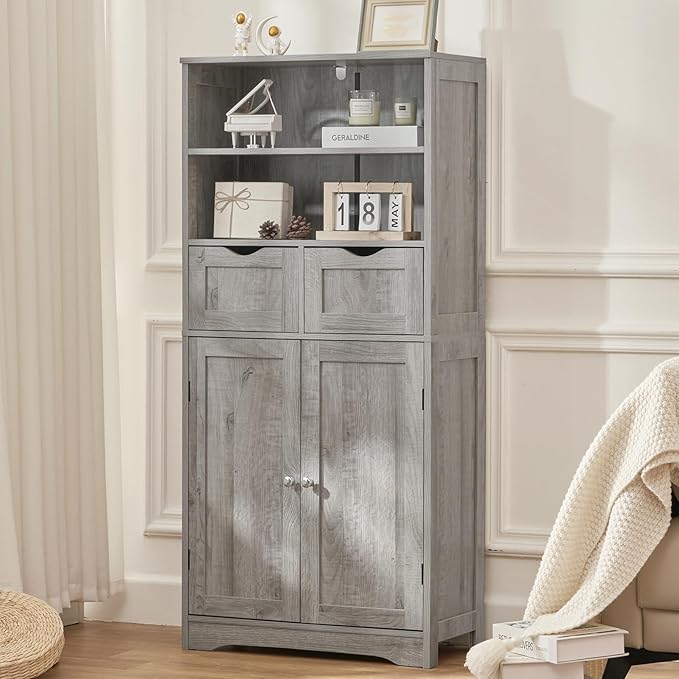 Iwell Tall Storage Cabinet with 2 Drawers & Adjustable Shelf, Bathroom Cabinet with Doors, Cupboard, Kitchen Cabinets for Living Room, Dining Room, Entryway, Grey