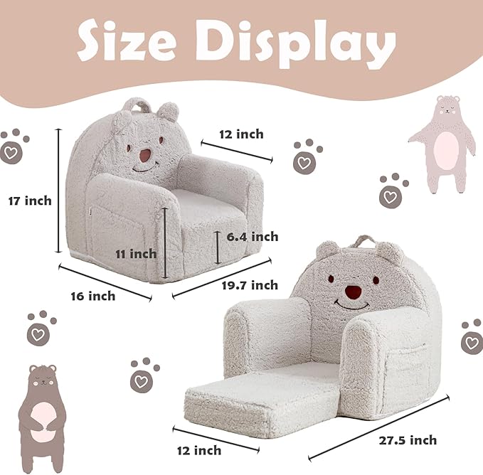Toddler Chair,Sherpa Bear Kids Chair,Toddler Couch Fold Out,Children Reading Chair,Flip Out Kids Couch,Toddler Sofa Convertible for Age 1-3(Grey Bear)