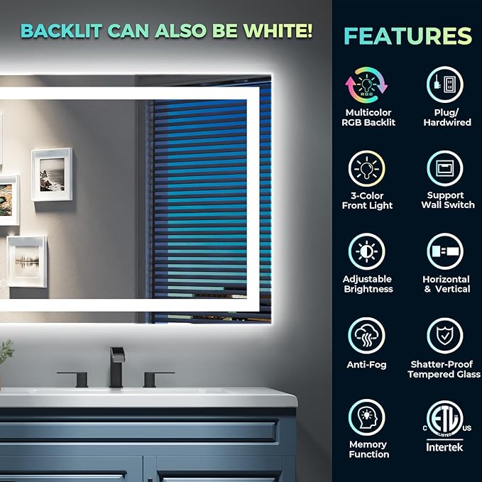 60x38 Inch RGB LED Bathroom Mirror Front Light and RGB Backlit Lighted Vanity Mirror for Bathroom Wall Mounted Dimmable Anti Fog Memory Shatter-Proof IP54 Waterproof Horizontal/Vertical