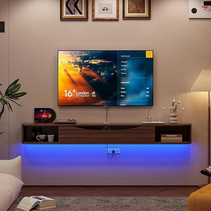 Floating TV Stand,55'' Wall Mounted TV Cabinet,Floating TV Console,Under TV Shelf with 1 Door and 2 Cabinets for TVs up to 65''(Walnut)