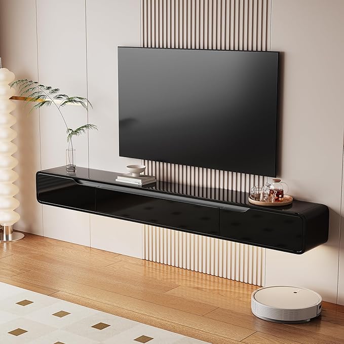 High Gloss Floating TV Stand with 3 Doors,47'' Wall Mounted TV Cabinet,Under TV Console,Floating Media Shelft for Bedroom Living Room(Black)
